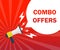 Combo offers with megaphone and speach bubble on a red background. Vector stock illustration