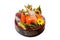 Combo sashimi: salmon, crab sticks, tuna, shrimp, nishin in bowl with ice isolated on white