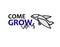 Come grow with us. Recruitment, teambuilding, personal growth concept. Cartoon-like gray plane, type and hand lettering