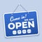Come in open sign. New normal welcome signage for shop or market reopen during covid 19 with safety icons. Hanging on door vector
