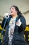 Comedian Sajeela Kershi speaking at the Women`s March rally in Trafalgar Square, London, UK.