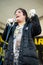 Comedian Sajeela Kershi speaking at the Women`s March rally in Trafalgar Square, London, UK.