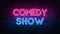 Comedy show neon sign. purple and blue glow. neon text. Brick wall lit by neon lamps. Night lighting on the wall. 3d