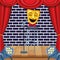 Comedy theater mask microphone stool lights wall brick stand up comedy show