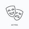 Comedy and tragedy masks flat line icon. Vector outline illustration of theatre drama, performance. Actors thin linear