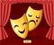 Comedy and tragedy theatrical masks. Golden theater masks. Greek culture. Flat vector illustration on stage background