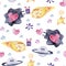 Comet with a gift, saturn and love watercolor seamless pattern