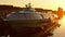 Comet hydrofoil vessel in dock at sunset pan