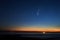 Comet Neowise. Stars and Sun Dawn at Baltic Sea