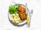 Comfort food - deep-fried fish and buttery mashed potatoes on a light background, top view