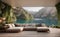 A comfort sofa with lake and mountains background