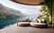 A comfort sofa with lake and mountains background