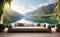 A comfort sofa with lake and mountains background