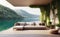 A comfort sofa with lake and mountains background