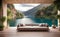 A comfort sofa with lake and mountains background