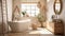 Comfortable bathroom with interior design in boho chic style, bathtub, vintage commode with mirror, wicker armchair