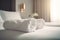 comfortable bedchamber window flower spa towel modern bed bath welcome. Generative AI.