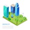 Comfortable city and smart building isometric vector illustration. Intelligent building with green plants, city