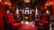 A comfortable and inviting red room adorned with two chairs and a warm fireplace, Vampire Dracula castle interior, victorian red
