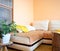 Comfortable light corner recreation area with large sofa, green shefflera, wooden creative stands. Copy space.