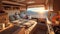 Comfortable motorhome interior design with cozy interior and scenic nature outlook. Concept of mobile living, adventure
