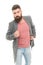 Comfortable outfit. Man bearded hipster stylish fashionable jacket. Casual jacket perfect for any occasion. Consultation