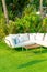 comfortable pillows on outdoor patio chair and table