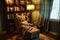 Comfortable reading nook with an armchair, floor lamp, and bookshelves filled with books