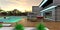 Comfortable relaxation area of a stylish tech estate with a decked pool and sun loungers. The house is illuminated with an