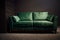 Comfortable upholstered velour green settee displayed for sale in the furniture store showroom. Exhibition of upholstered