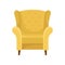 Comfortable yellow armchair with wooden legs. Cozy furniture. Soft chair for living room. Flat vector design