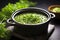 A comforting bowl of green lentil soup elegantly served on dark ceramic.