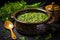 A comforting bowl of green lentil soup elegantly served on dark ceramic.