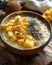 A comforting bowl of oatmeal with mango and poppy seeds on a rustic wooden table