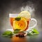 Comforting cup of hot tea with fresh tea leaves and infuser