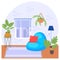 Comfy Couch Bowl, floor lamp and houseplant concept, Bright comfortable Chair vector icon design, Green Office symbol