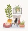 Comfy living room interior with cats sitting on armchair and ottoman, houseplants growing in pots, home decorations