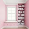 Comfy upholstered window seat with drawers in a window nook with library and books. Millennial pink colored walls