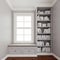 Comfy upholstered window seat with drawers in a window nook with library and books.  Trim, molding, crown and baseboard in white