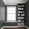 Comfy upholstered window seat with drawers in a window nook with library and books.  Trim, molding, crown and baseboard in white