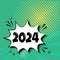 Comic 2024 New Year vector green background, cartoon speech bubble in pop art style, Christmas funny balloon. Celebration