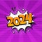 Comic 2024 New Year vector pop art background, cartoon speech bubble, Christmas purple poster. Celebration illustration