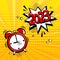 Comic alarm clock New Year 2023 vector, funny wake up icon, countdown speech bubble on yellow background. Sound effect and