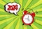 Comic alarm clock New Year 2024, funny wake up vector icon, countdown speech bubble on green background. Sound effect and halftone