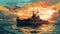 Comic Art Style Ship At Sunset With Nostalgic Color Palettes