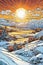 Comic art style of a snowy environment at sunset