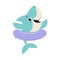 Comic Blue Shark as Marine Animal Floating with Rubber Ring in the Ocean Vector Illustration