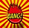 Comic book bubbles and sound blasts icons with sun beams. Vector cartoon pop art bubbles of BANG sound boom cloud blast