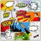 Comic book page divided by lines with speech bubbles, rocket, superhero and sounds effect. Retro background mock-up