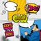 Comic book page divided by lines with speech bubbles, superhero and sounds effect. Retro background mock-up. Comics